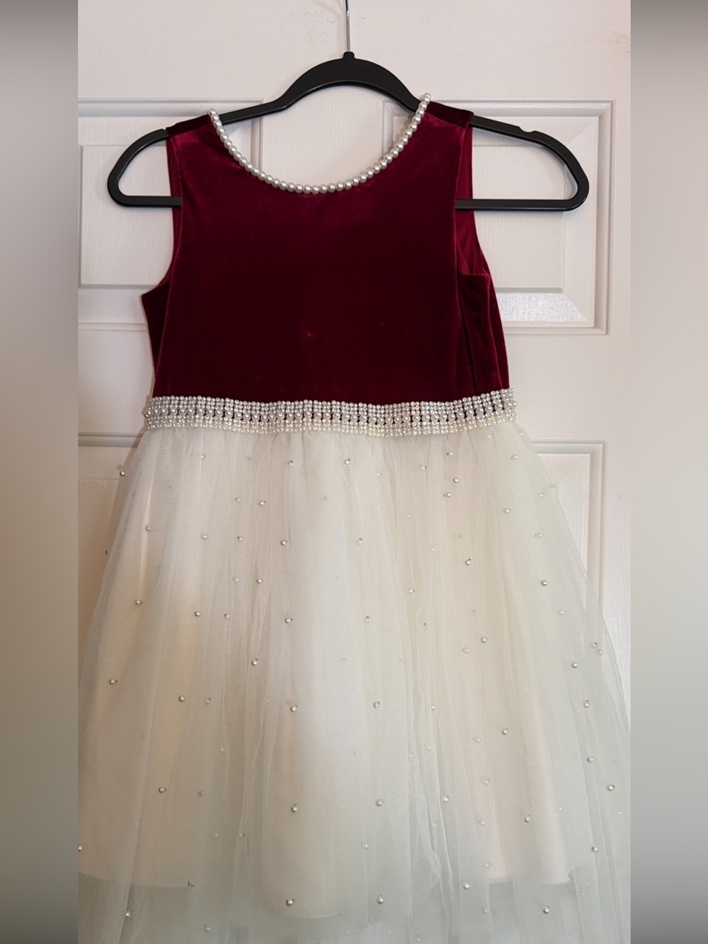 Girls Burgundy Velvet & Ivory Tulle Formal Dress with Pearl Trim